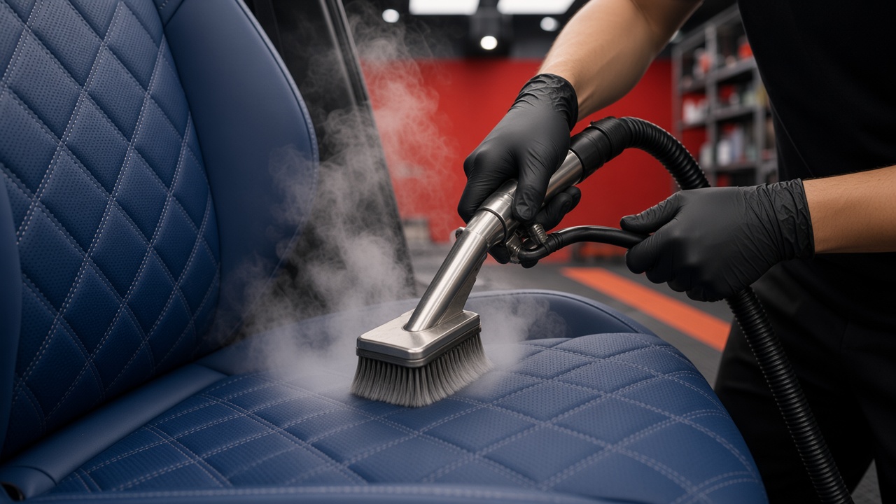 Interior steam brush used on a car seat at Nitro