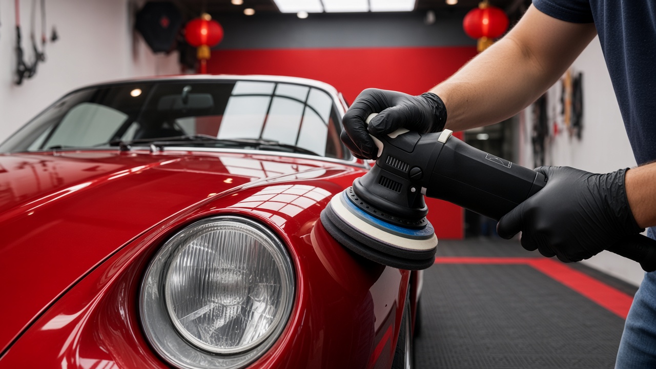 Paint correction on a red sports car at Nitro in To Kwa Wan